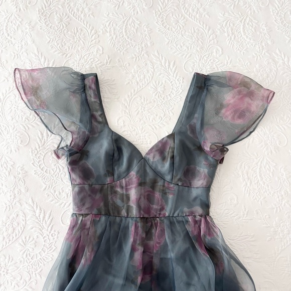 NWOT Lulus Mesmerizing Mood Slate Floral Organza Ruffled A-Line Midi Dress Small - Picture 3 of 8